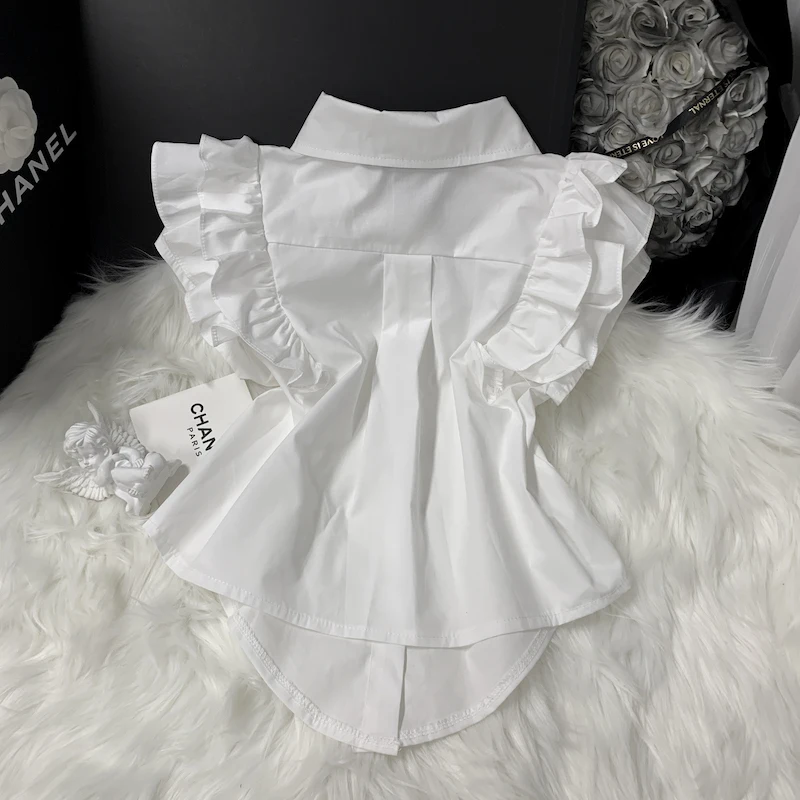 Summer Women Ruffles Flying Sleeve Short White Shirt New Korean OL Blouse Single-breasted Diamond Sleeveless Vest Top