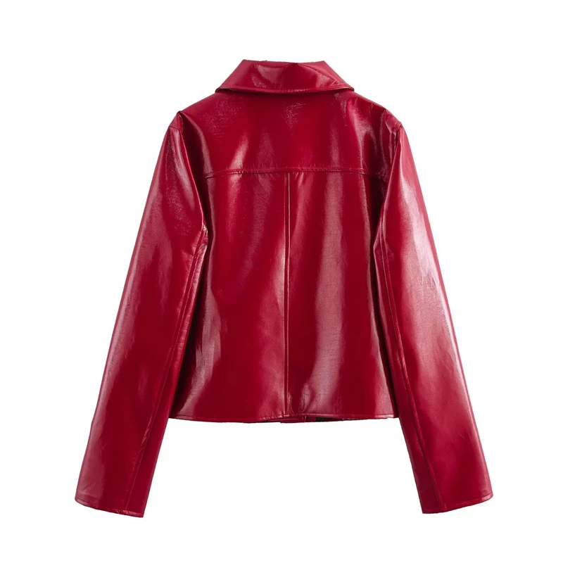 KEYANKETIAN hiver nouvelle veste en cuir artificiel rouge pour femme style Simple col rabattu simple boutonnage ample haut court Blazer