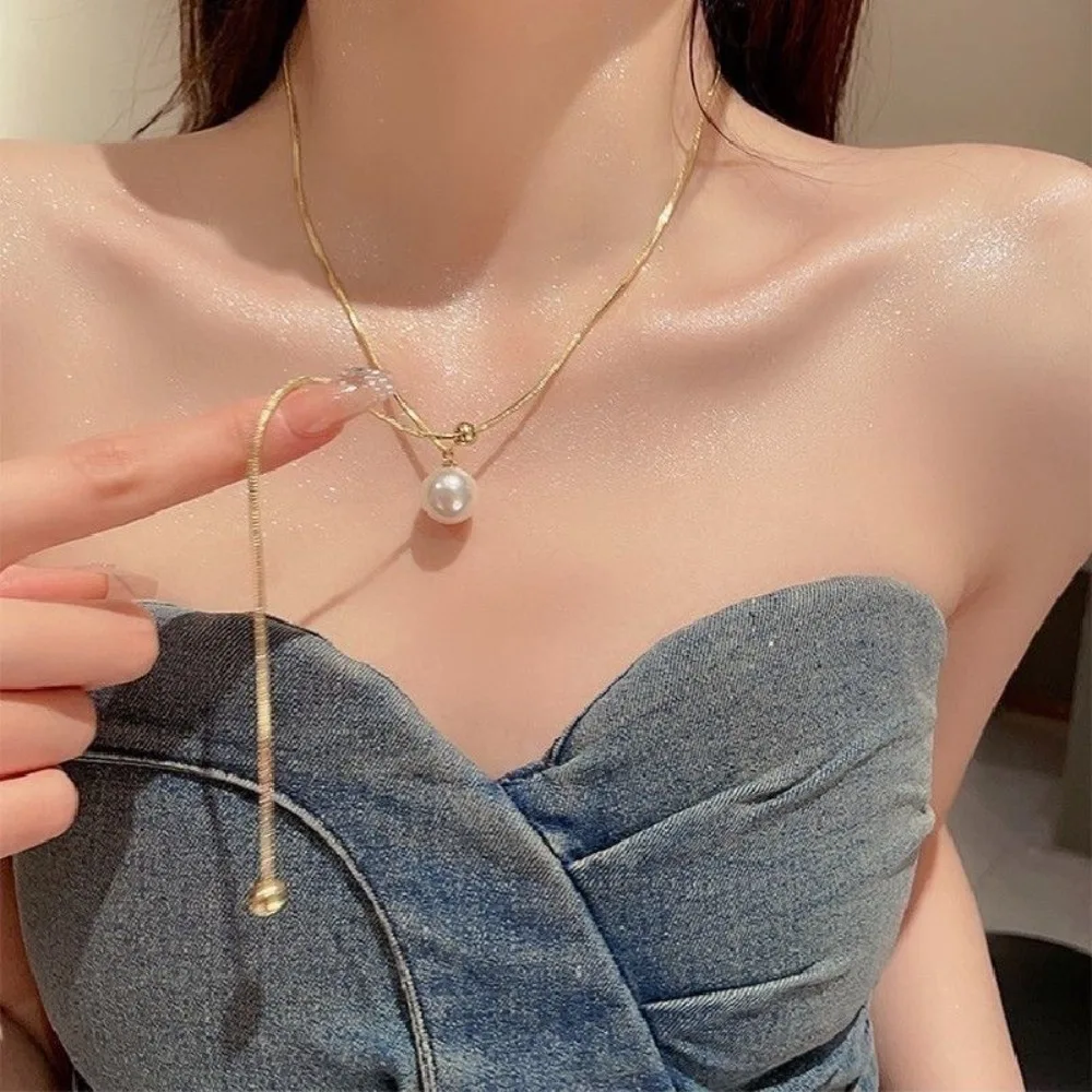 Fashion Imitation Pearl Pendant Necklace for Women Stainless Steel Long Chains Party Gifts Y2K Decoration Jewelry Accessories