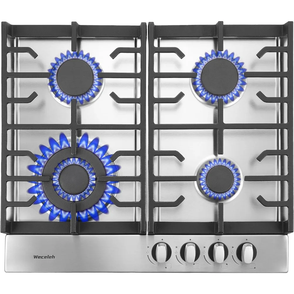 Table de cuisson à gaz 4 brûleurs, dessus de cuisinière à gaz intégré de 24 pouces, tables de cuisson au double carburant au propane, cabriolet NG/GPL, acier inoxydable haute puissance