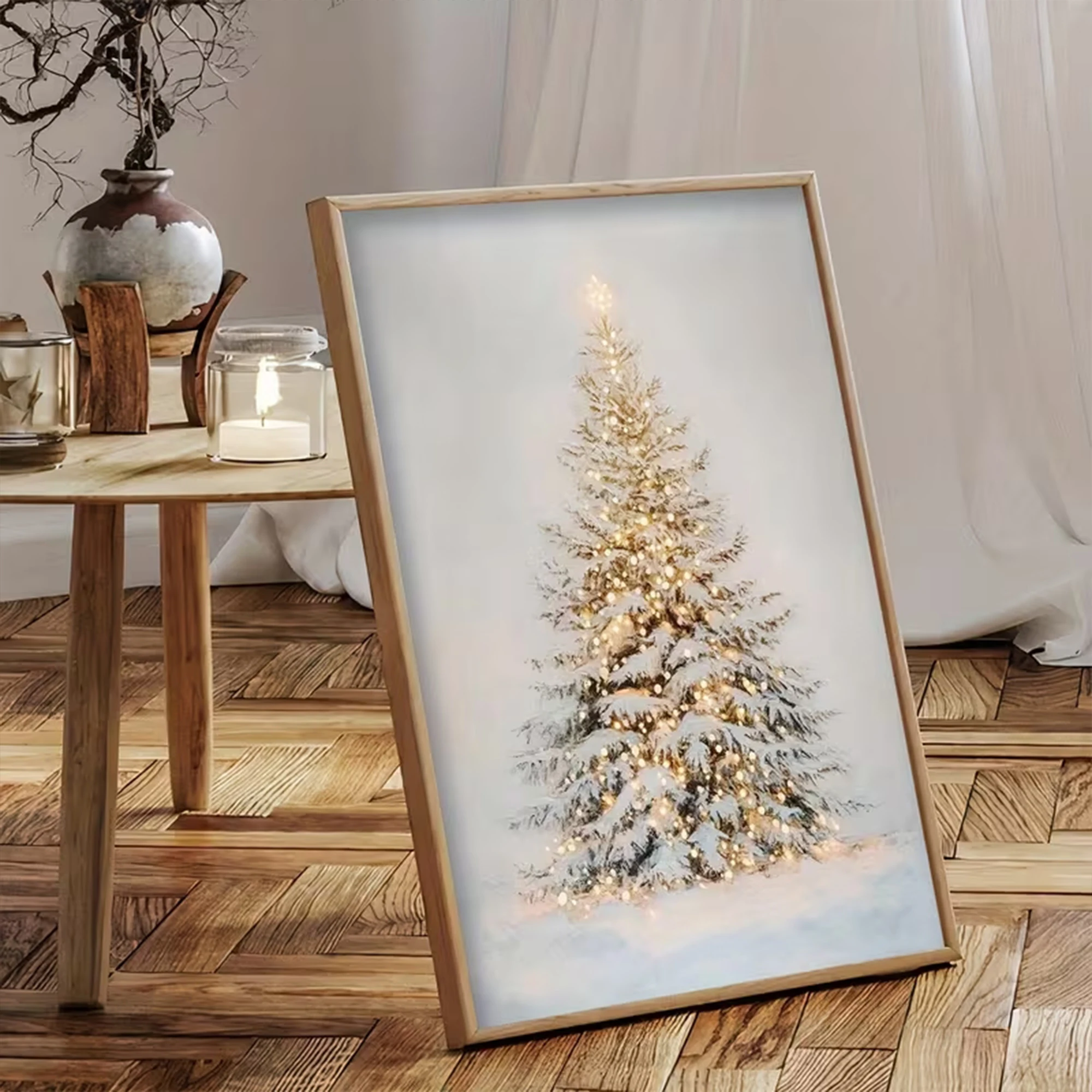 雪の夜に輝く星が映える、レトロなクリスマスツリーの壁掛けアー - Home Decor Tree のレビューと価格