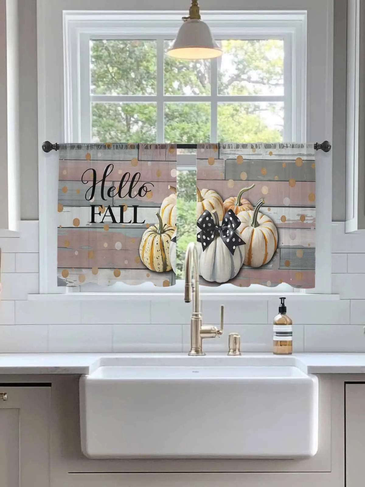 

Hello Fall Wood Grain Pumpkin Window Curtains Bedroom Modern Drape Sheer Tulle Valances Living Room Kitchen Voile Curtain