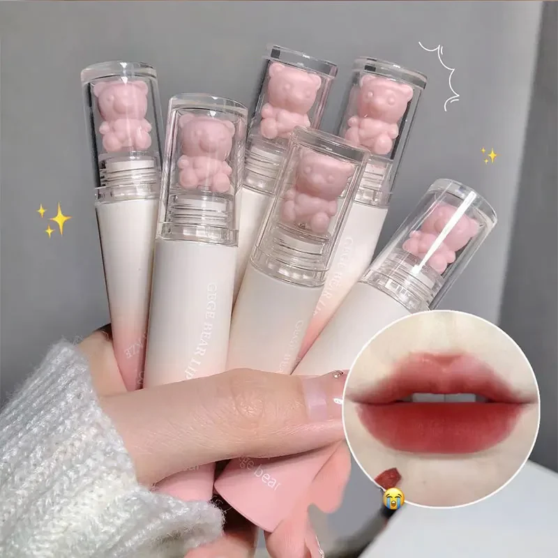 2023 New Bear Velvet Waterpoor Lipstick Cute Lip Glaze Girl Chestnut Pink Lip Mud Korean Makeup Girl Lip Gloss Makeup Cosmetics