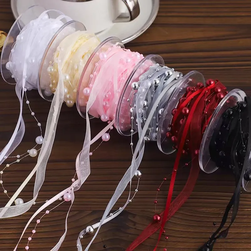 5 ياردة الاصطناعي حبة اللؤلؤ الشريط الشيفون الشريط والأورجانزا الدانتيل الزخارف لخياطة زهور الزفاف الحرفية التعبئة والتغليف #2