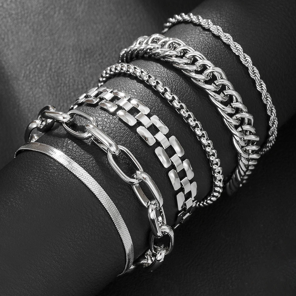 

6Pcs Punk Fashion Chunky Chain Bracelet Set for Men Vintage Metal Twisted Designs Multi Layered Bracelets Street Wear Jewelry