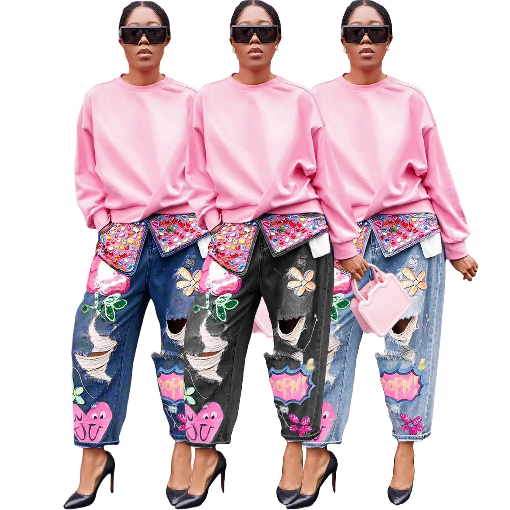 

Fashionable Ripped Denim Jeans Women's Baggy Jeans Printed Stylish New Arrival Rhinestone Embellished Natural Waist Jeans