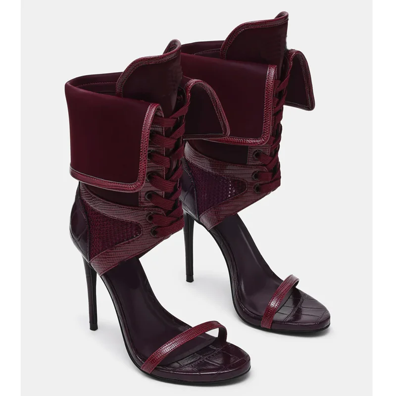 Corss Tied Pleated Patchwork Sandals Boots Sexy Pointed Toe Thin Heel Leather Customized New Arrival Fashion Women Modern Boots