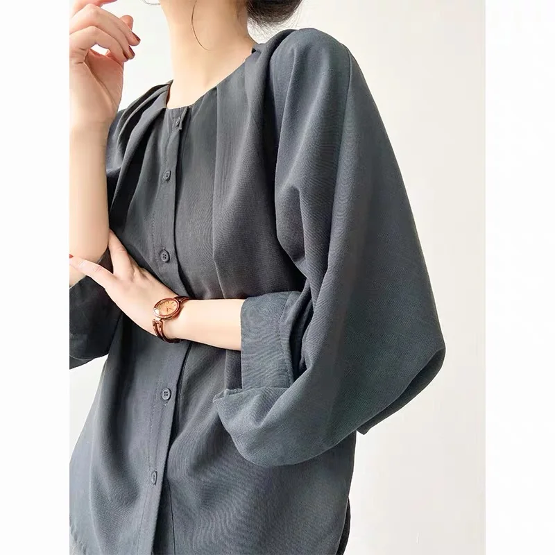 Women French Style Solid Bubble Sleeve Shirts Spring Autumn Chic Cuff Folds Blouses Clothing Casual Loose All-match Button Tops