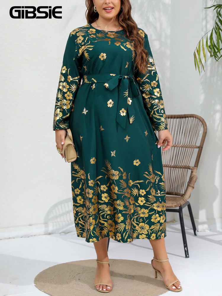 GIBSIE Plus Size Women\'s Gold Print O-Neck Belted Dress 2024 Spring Fall Ladies Vintage Loose Casual Long Sleeve Maxi Dresses