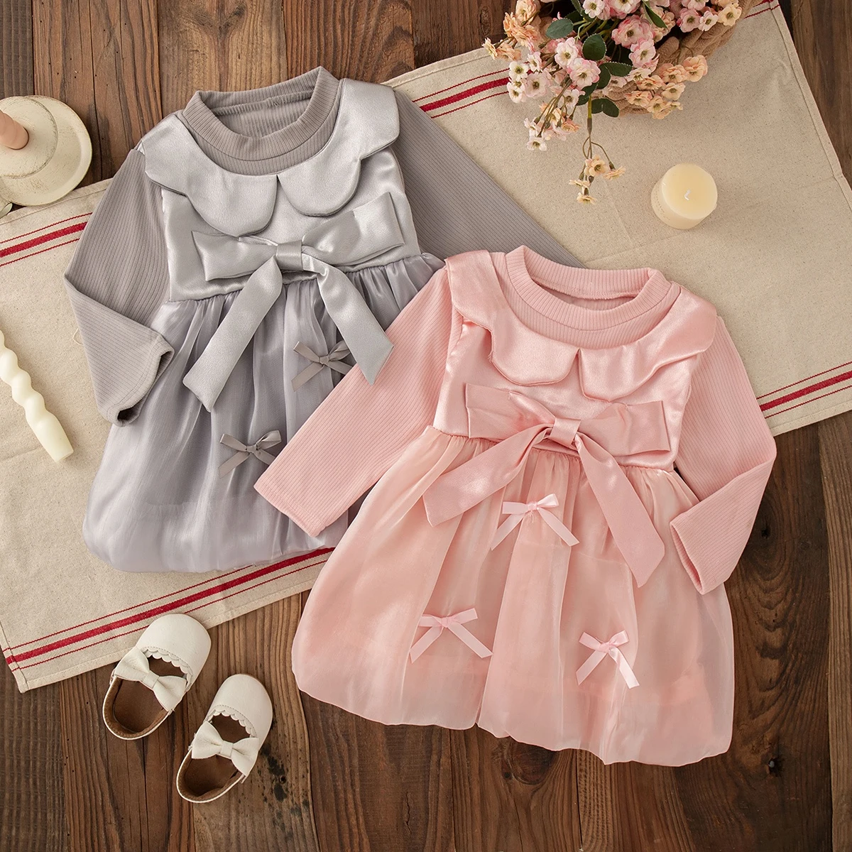 

9 Months -3 Years Old Spring And Autumn New Sweet Bow Baby Girl Dress, Birthday Party Children'S Long Sleeved Clothes