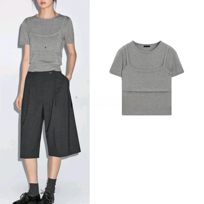 تي شيرت Lazy Sle Knitted ort Sve round Ne مع تصميم مضلع كاجوال Faion للسيدات مزيج من القطن والبوليستر الفاخر