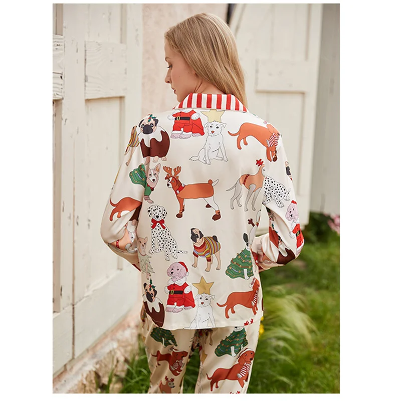 Christmas dog ins style pajamas woman spring autumn long sleeve trousers lapel imitation silk thin home wear set