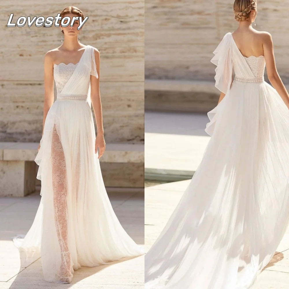 

Boho Customized A Line Tulle Wedding Dresses One Shoulder Strapless Bride Dress High Split Gowns New Vestidos De Novia