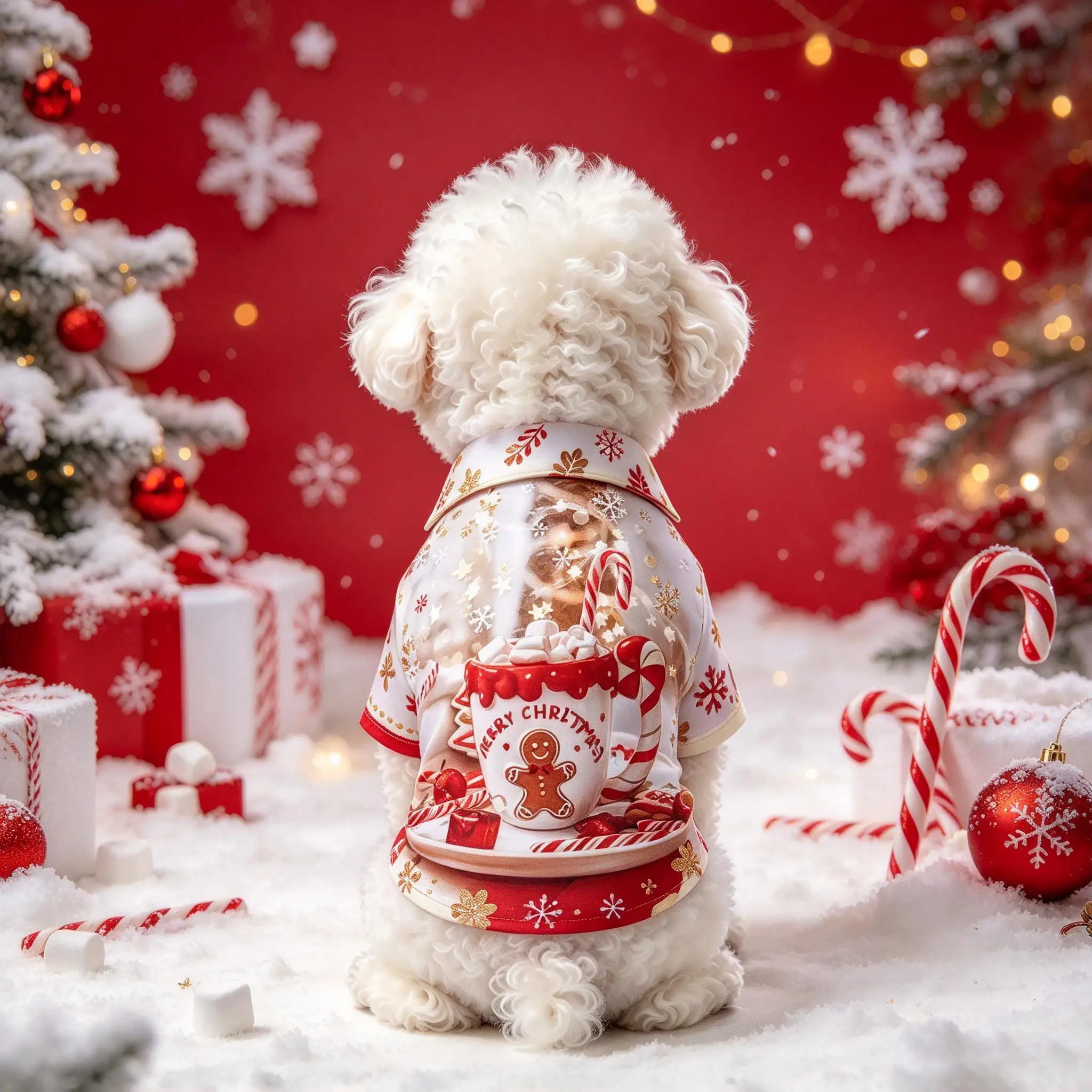Christmas Pet Button Down Shirt, Gingerbread Man Hot Cocoa Mug Print Short Sleeve Soft Clothes for Cats & Dogs