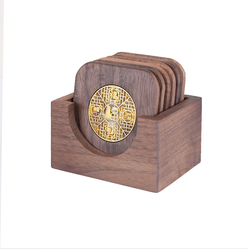 

Six coasters+coaster holder Black walnut solid wood "Fu" character coaster set tea tray anti scalding tea cup base