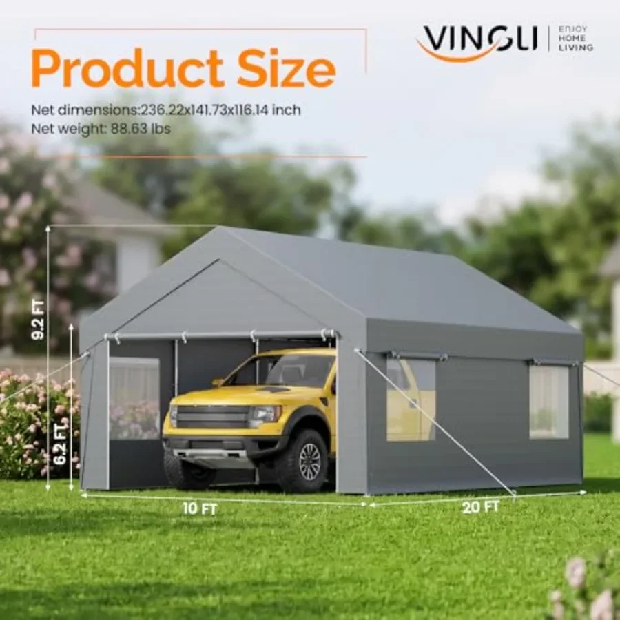 Heavy Duty Galvanized Steel Frame Portable Garage with 2 Roll-up Windows Doors Removable Sidewalls Car Port Canopy for Cars Boa