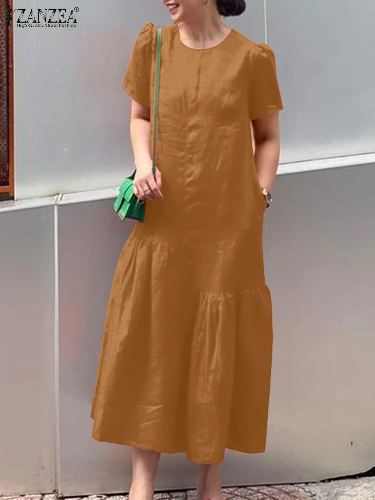 

ZANZEA Casual Short Sleeve Long Dresses Fashion Solid Asymmetrical Splicing Holiday A-line Vestidos Women 2024 Summer Midi Dress