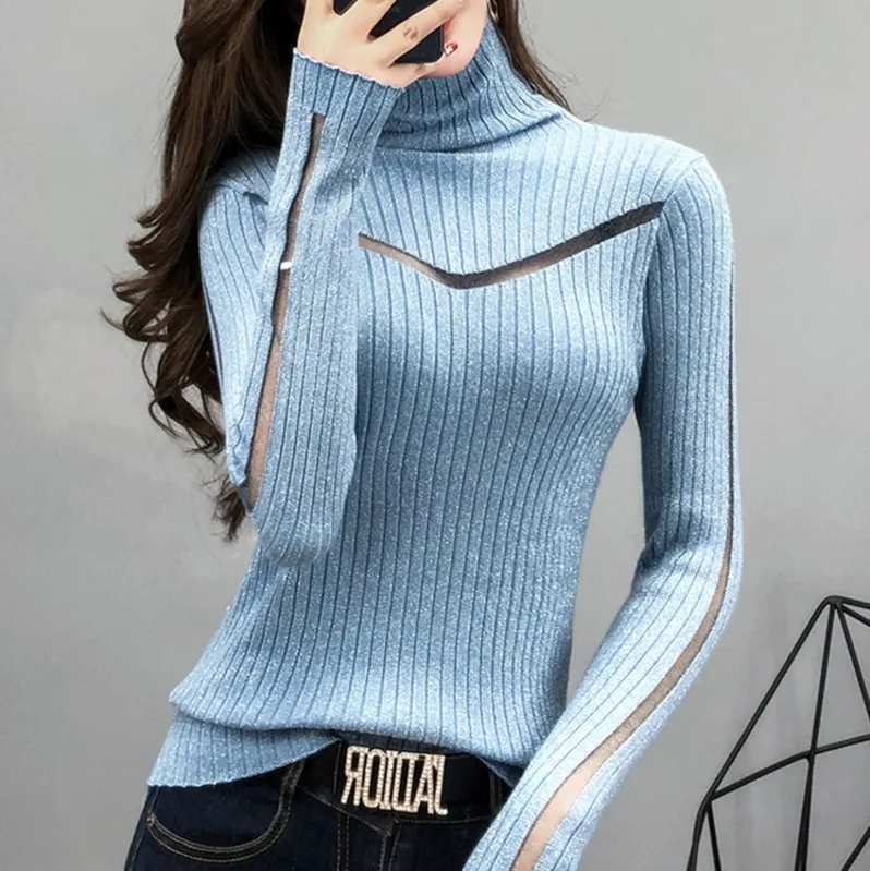 #0121 Turtleneck Thin Knitted Tops Split Joint Mesh Hollow Out Knitwear Pullover Women Elastic Sweaters Ladies Knitwear Spring