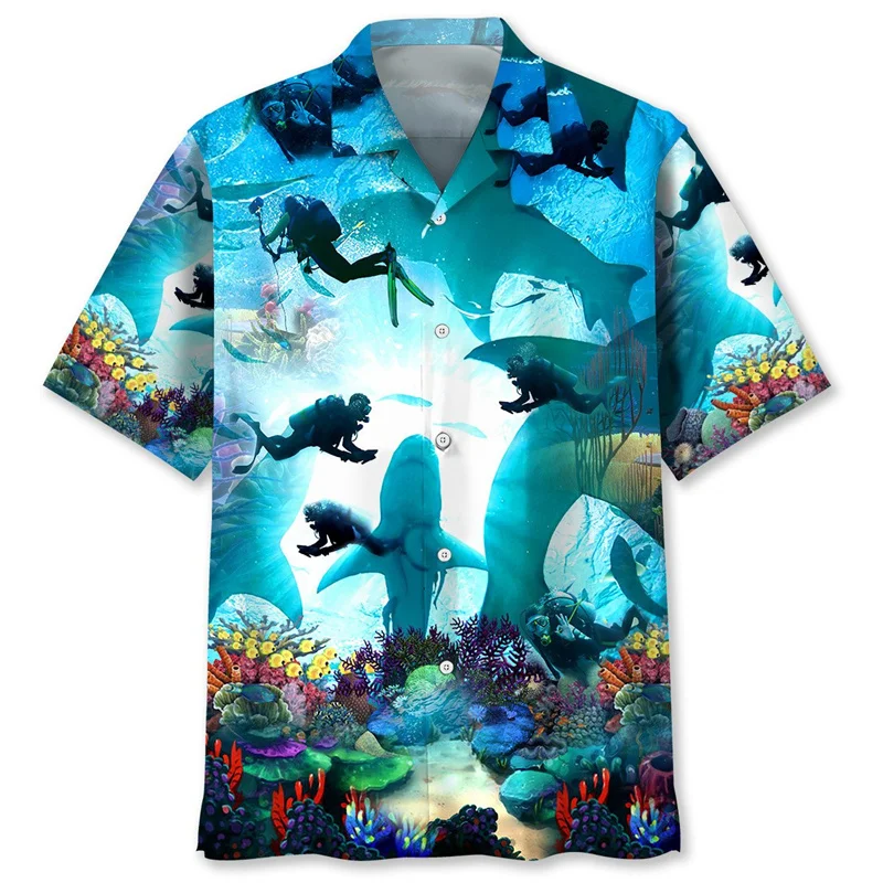 Diving Ocean Hawaiian Shirt For Men Summer Beach 3d Printed Short Sleeves Casual Fashion Tops Oversized Lapel Button Blouse