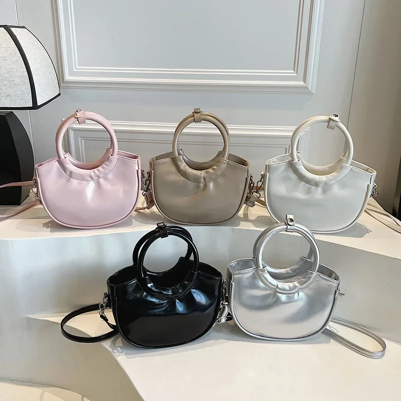 

Round Handle Tote Bag For Women Fashion Small Semicircle Handbag Silver Bag Lady Half Moon Design Crossbody Shoulder Bags Brand