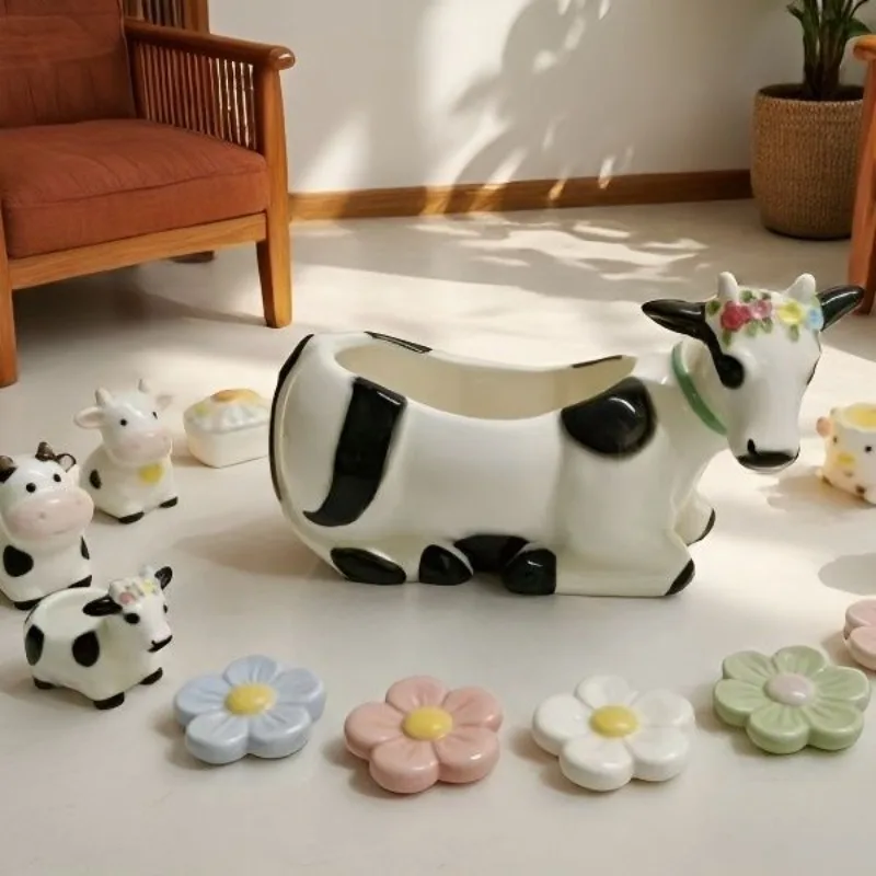 Cow Modeling Creative Flower Pot Ornament Desktop Decoration Ceramic Material Hand-painted Cartoon Potted Plant Living Gift