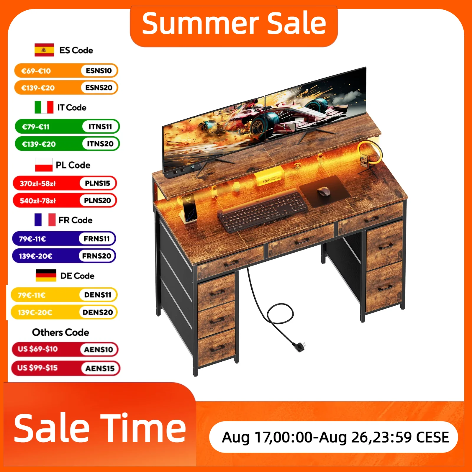 Computertisch mit 8 Aufbewahrungsschubladen, Verstellbarem Monitorständer, Schreibtisch mit LED-Beleuchtung & USB-Stromanschlüssen, Gaming-Tisch