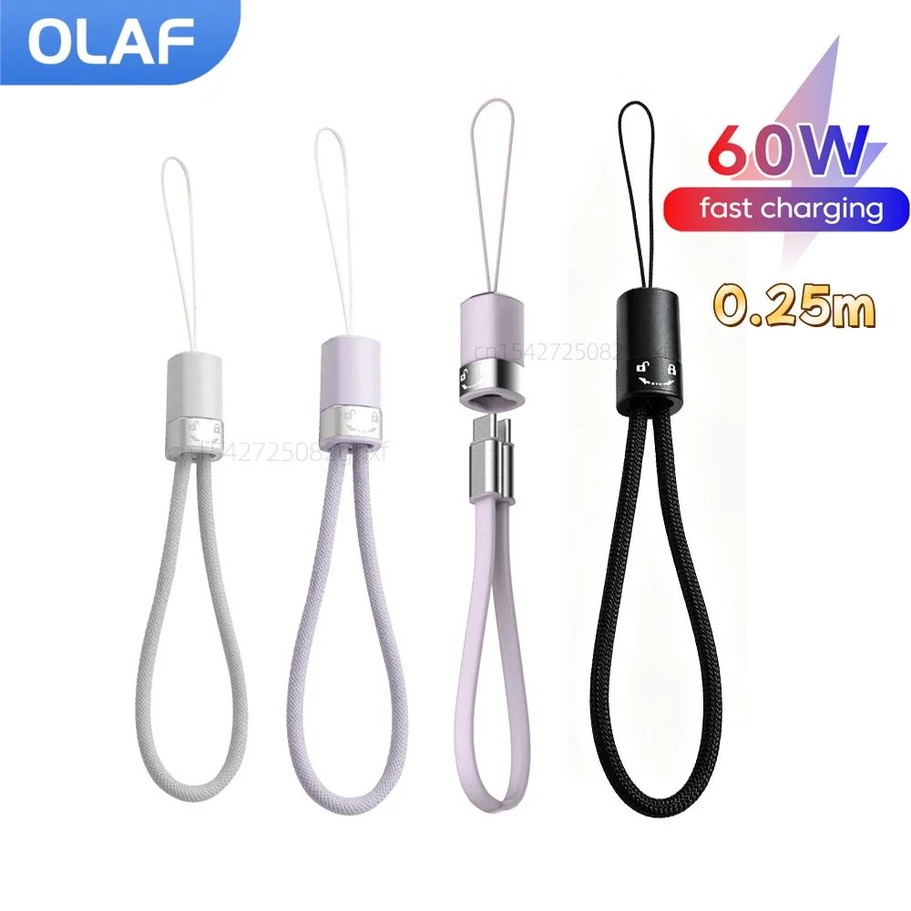 60W 0.25M Short Type C To Type C Data Cable Fast Charging USB C To Type C Lanyard Cable For Iphone 15 16 Samsung Power Bank