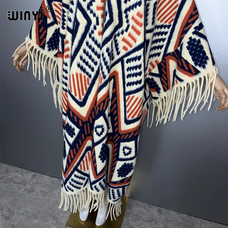 WINYI Winter Women Fringed cardigan abaya dubai luxury Loose OverCoat Female winter outerwears long down dress holiday kaftan