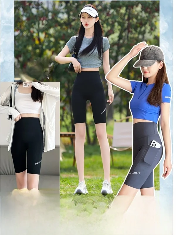 Ice Silk Five-Quarter arkskin broek Dames Winter Dunne hoge taille Butt Lifting Sport Fitn Fietsen Yoga Basislaag orts