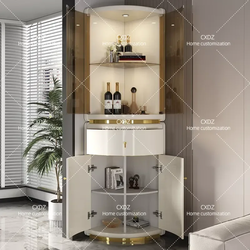 Cream Style Luxury Corner Wine Cabinet for Living Room Dining Room Study Glass Display Cabinet Triangle Storage Unit Modern