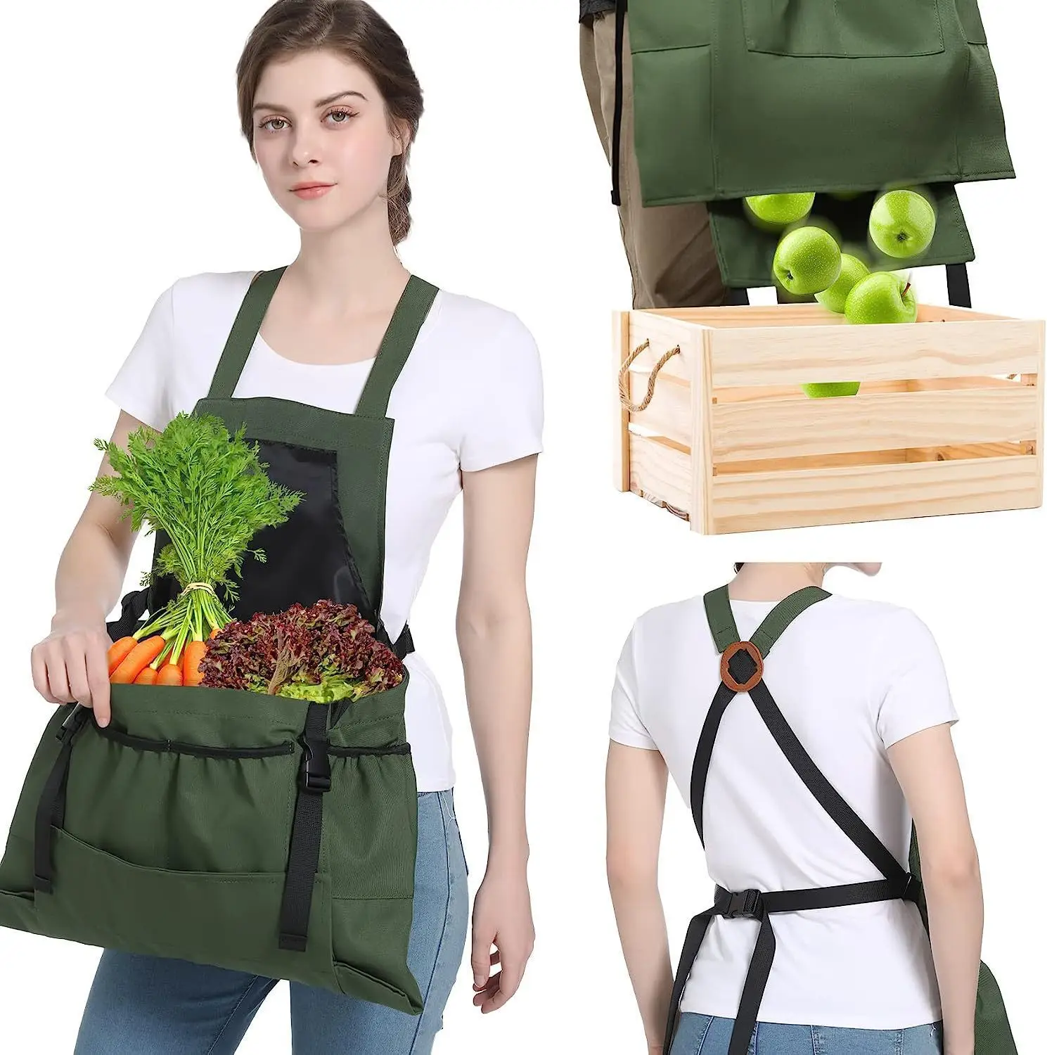 Heavy Duty Garden Harvest Apron,Quick Release Collecting Pouch 420D Oxford Waterproof Apron Adjustable Strap Multi Pockets