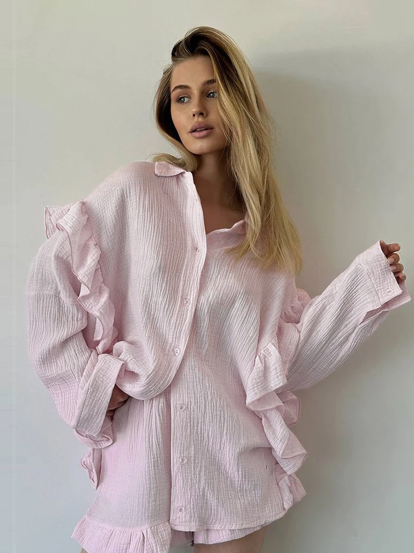 Marthaqiqi Casual Female Nightgowns 2 Piece Set Turn-Down Collar Pajama Long Sleeve Nightwear Shorts Cotton Women Sleepwear Suit