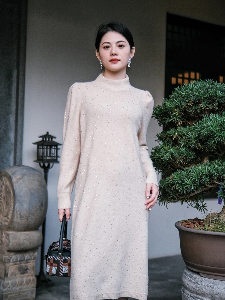 

Shiny Ultrafine Wool Sequin Half High Collar Knitted Dress Women's Autumn Winter New Style Casual Long Sleeve Slim Fit Dress