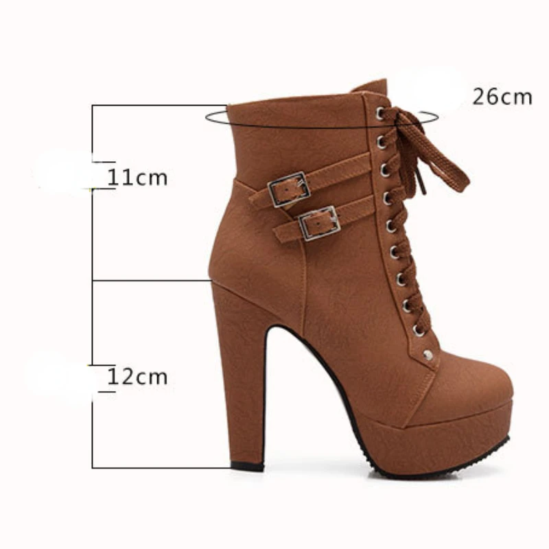 Women\'s Chunky Heel Short Boots, Waterproof Platform, High Heel, Lace-up Motorcycle Boots