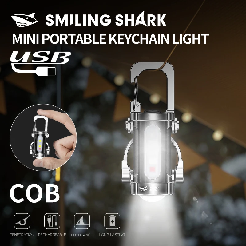 1 PC SMILINGSHARK Mini COB Keychainlight USB Rechargeable Flashlight with Hook Super Bright 7Modes for Outdoor, Emergency TIP157