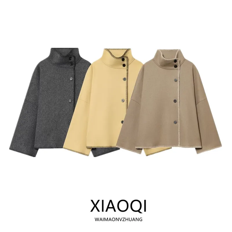 

Новая осенняя коллекция 2025: Женское модное повседневное пальто свободного кроя с высоким воротником, длинными рукавами и застежкой на пуговицах