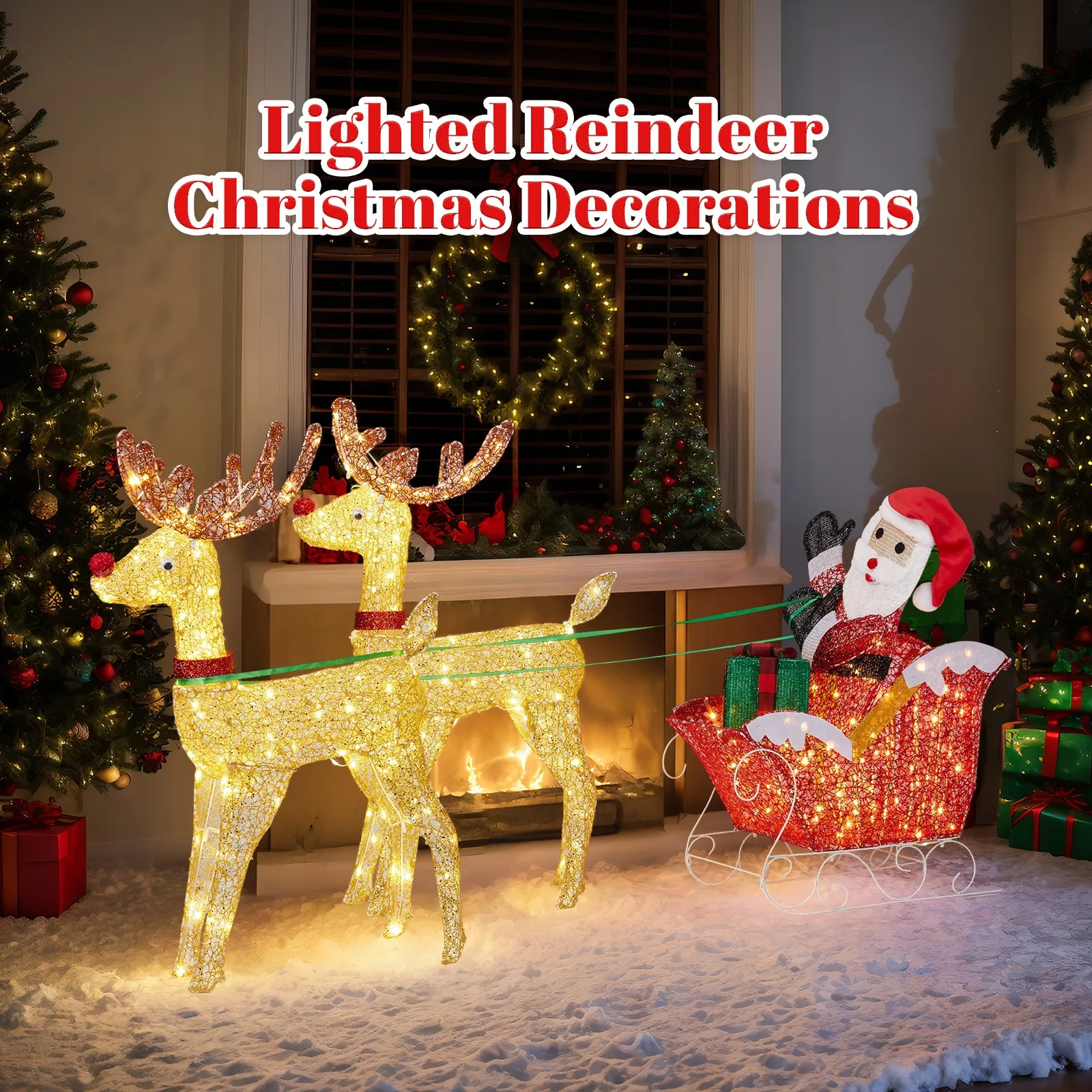 Christmas Lighted 71inch Deer Pulling Old Man Splicing Outdoor Lawn Decor