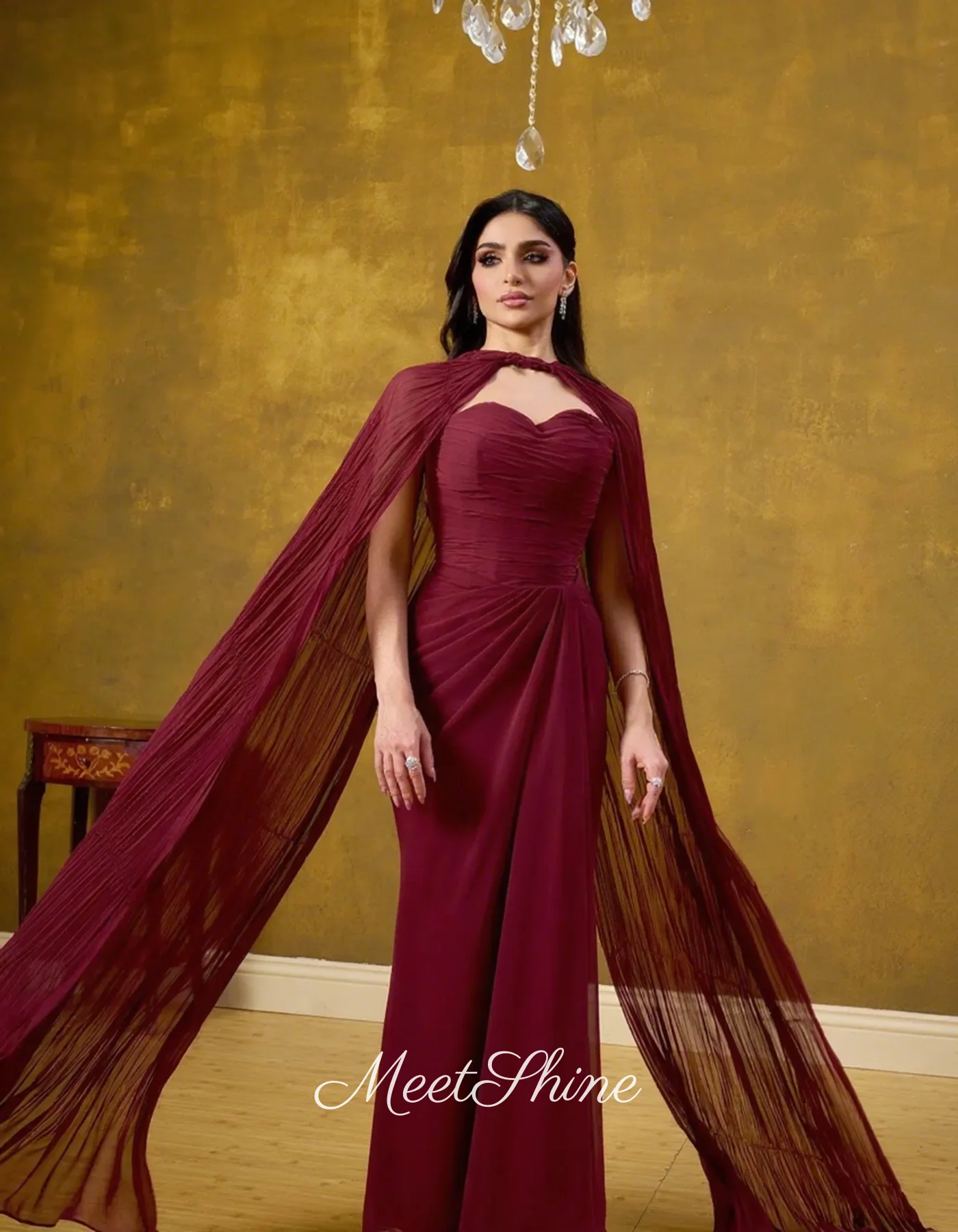 Элегантное бордовое шифоновое вечернее платье трапециевидной формы в форме сердца, Саудовская Аравия, с длинными рукавами-накидкой, свадебные платья, платье для выпускного вечера по индивидуальному заказу