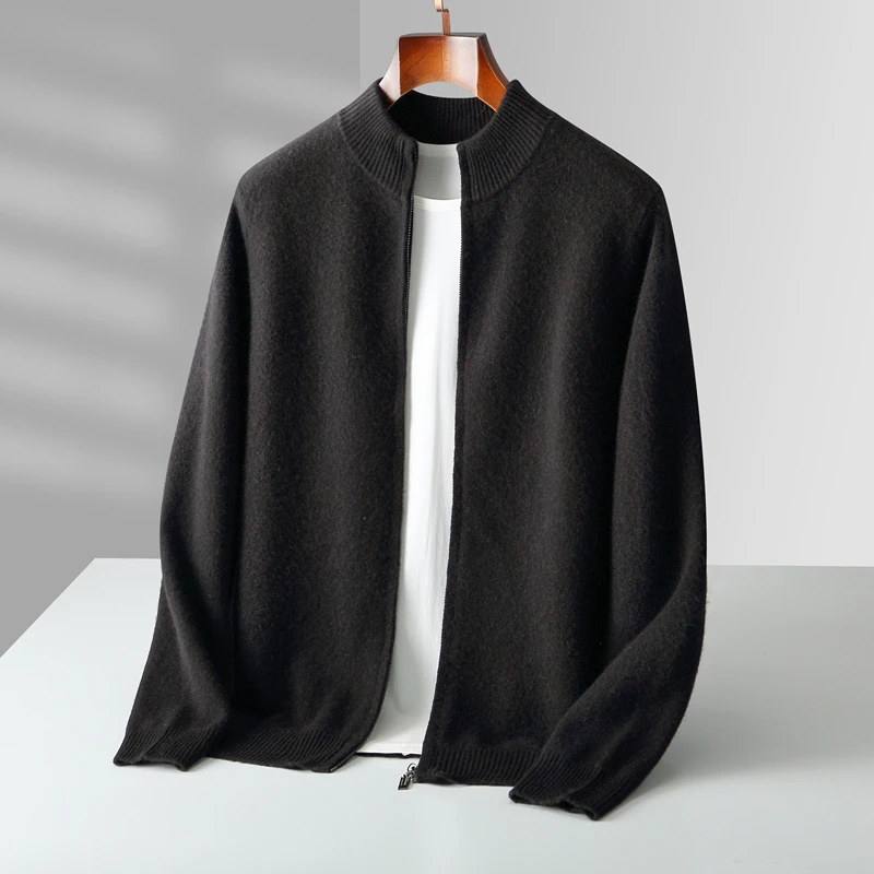 Autunno e inverno nuovo cardigan in puro cashmere 100% lana merino da uomo colletto rialzato con cerniera maglione lavorato a maglia cappotto caldo abiti larghi