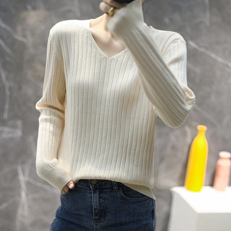 

Autumn Winter Women's Camere Knitwear V-Ne Long Sve Slim Fit Overhead Korean Sle Color Commute Faion Base irt