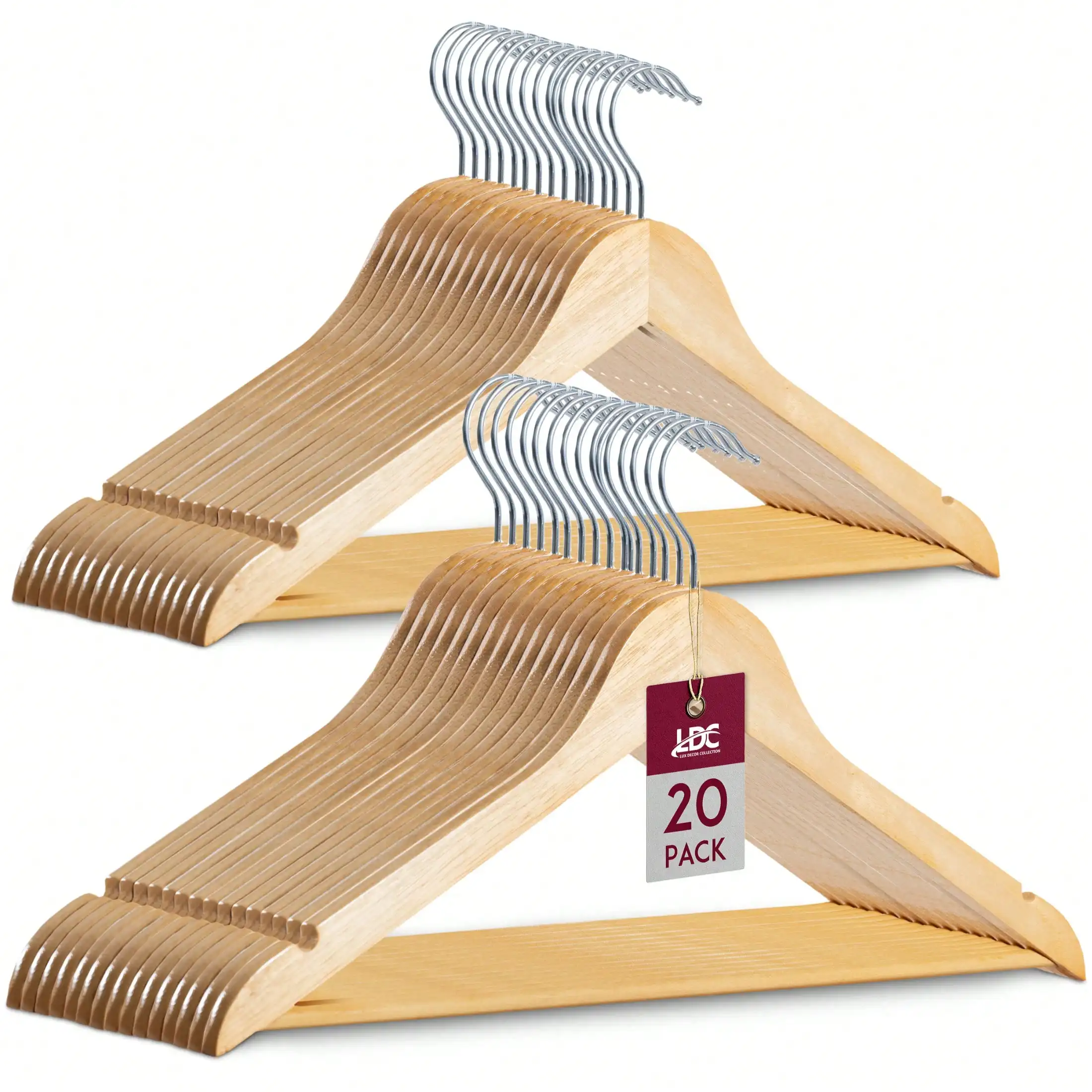 

Premium Wooden Clothes Hanger Set Natural Finish Coat Hangers Smooth, Non-Slip Design Space-Saving Closet Hangers Ideal
