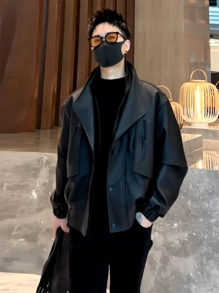 

Модная мужская кожаная куртка с двойным воротником, матовая текстура, повседневная ветровка для осеннего сезона