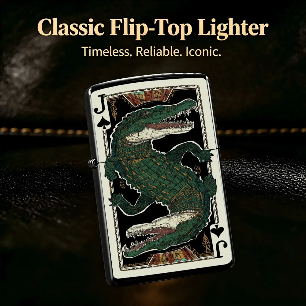 Pocket Lighter, Flip-Top Windproof Design, Metal Case with Crocodile Playing Card Print, Ergonomic Grip, Portable & Refillable