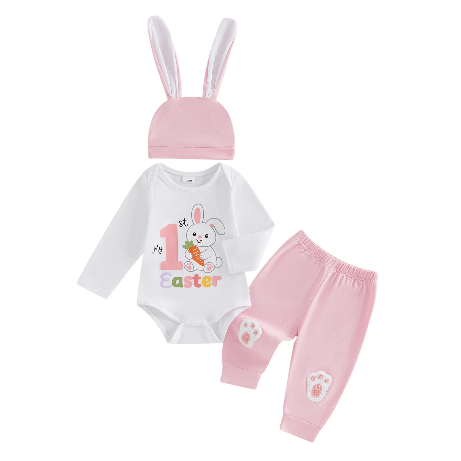 

Пасхальный комплект для маленьких девочек: комбинезон с длинными рукавами, круглым вырезом, вышивкой в виде кролика, штаны и шапочка