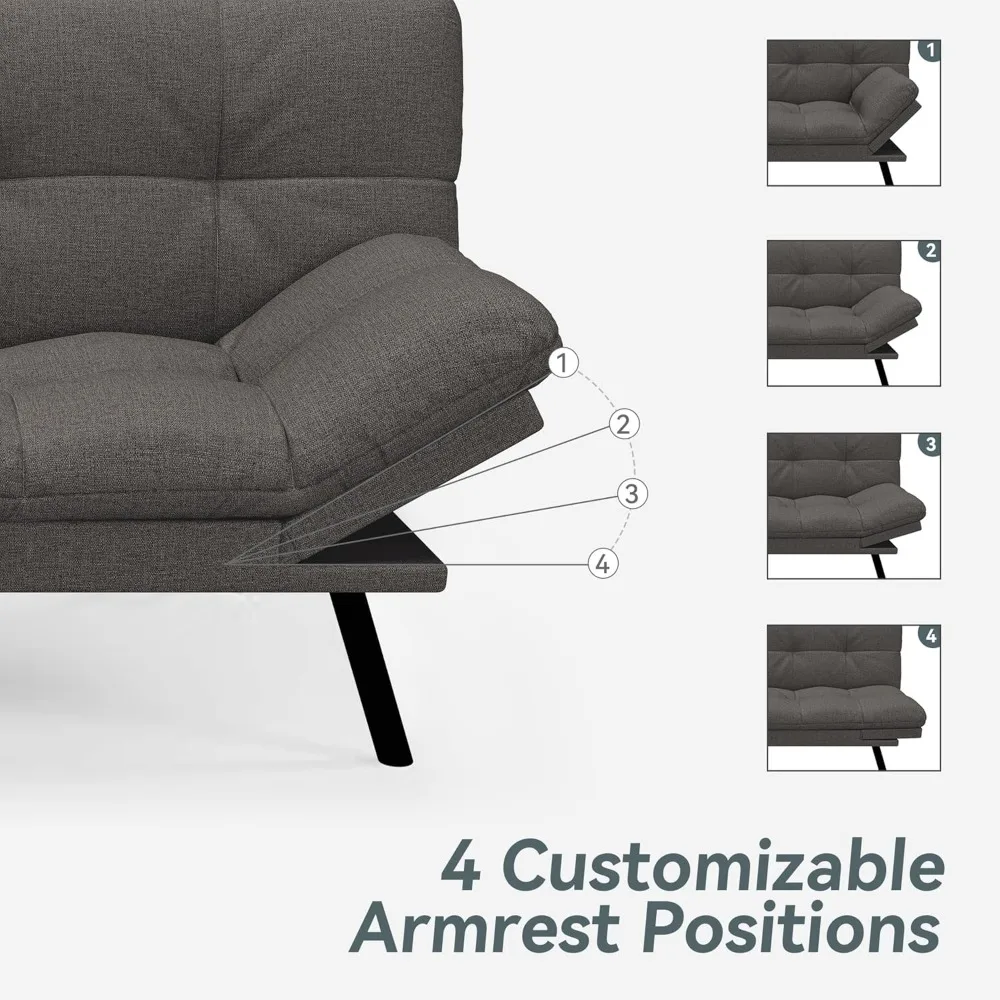 أريكة سرير فوتون قابلة للتحويل من الكتان الرمادي مع مسند ظهر ومساند للذراعين قابلة للتعديل وأريكة نوم قابلة للطي