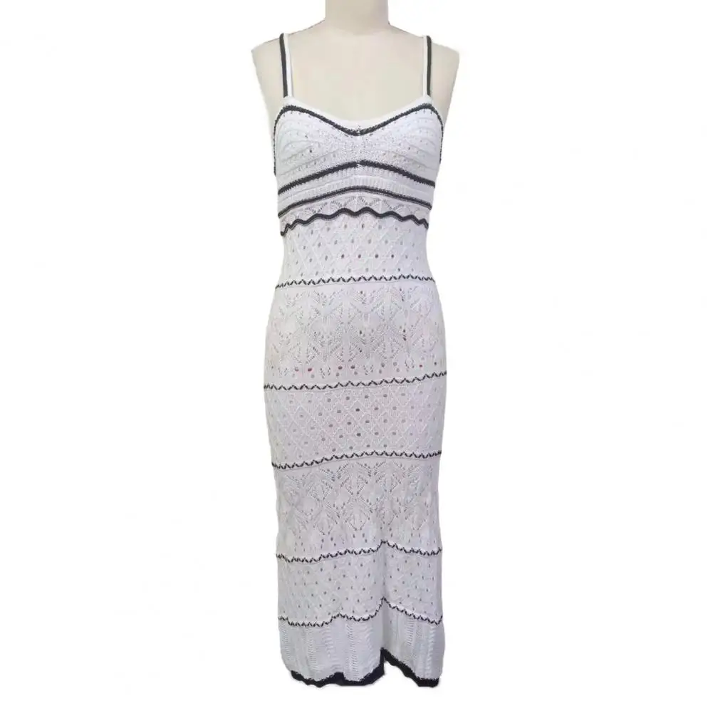 ผู้หญิงโครเชต์แขนยาวชุดชายหาดฤดูร้อนถักชุด Cami สปาเก็ตตี้ตาไก่ลาย Midi Dress