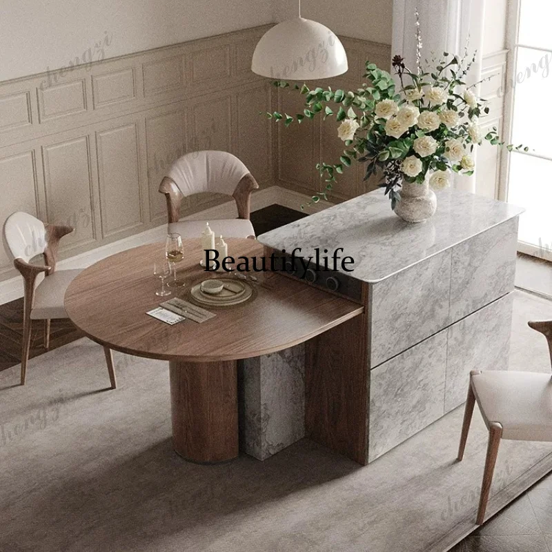 Island dining table integrated table, home extendable French walnut wood variable round table, kitchen folding table