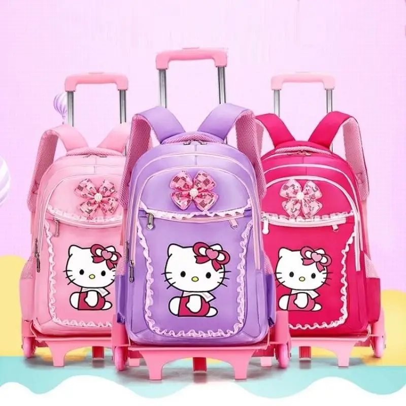 Sanrio Hello Kitty Trolley School Bag Stuff Anime Kawaii Climbing Stairs Rain Cover New Style Cute Cartoon School Supplies Prize