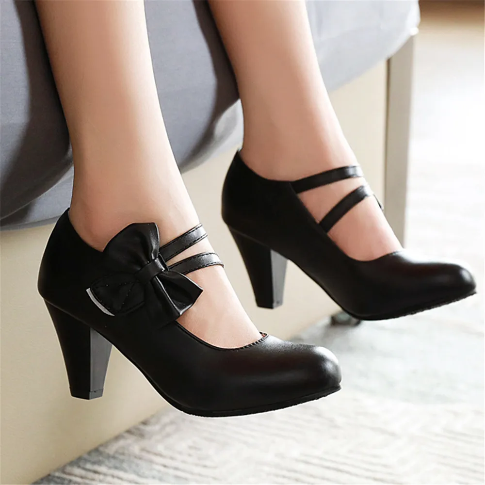 Spring Women High Heels Ankle Strap Mary Jane Pumps Party Wedding Cosplay White Red Black Bow Princess Lolita Shoes Size 34-46