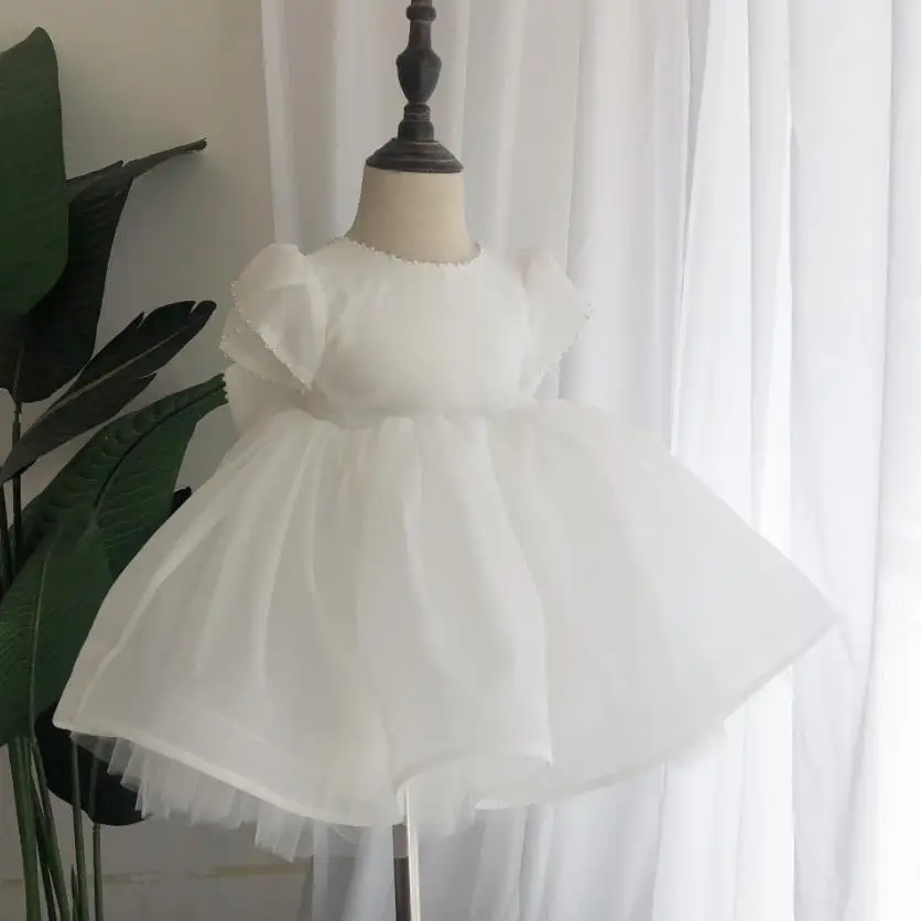 

Flower Girl White Dress Children Birthday Baptism Ball Gown Bow Beading Design Dresses For Girls Kids Boutique Clothing A1266